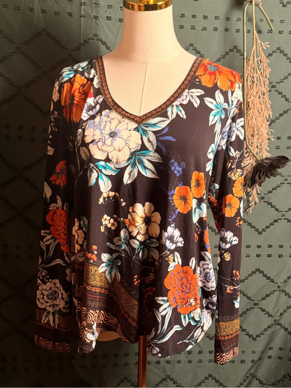 Johnny Was Black Floral V-Neck Long Sleeve Top with Orange and Teal Accents